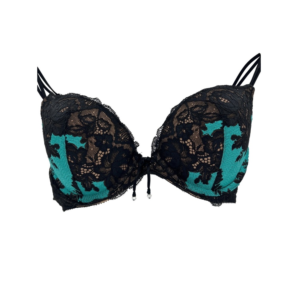 Victoria Secret Push-Up Bra 34C Teal Black Floral Lace Underwire Padded Lingerie